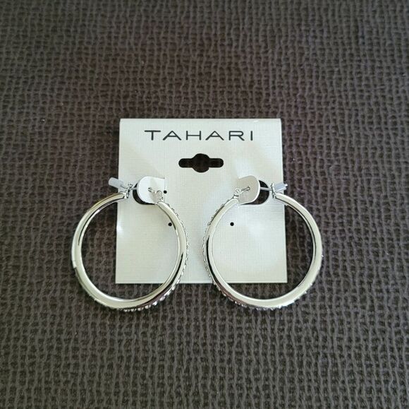 Tahari Jewelry - Tahari Cubic Zirconia💎 Lined Silver Hoop Earrings